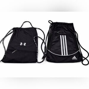 Under Armour & Adidas Black Drawstring Gym Backpack Bundle of 2 Unisex